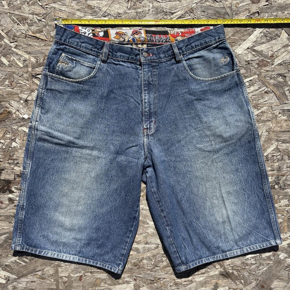 School Of Hard Knocks Jean Shorts Size 40 Blue 38x13 Y2K Hip Hop Embroidered